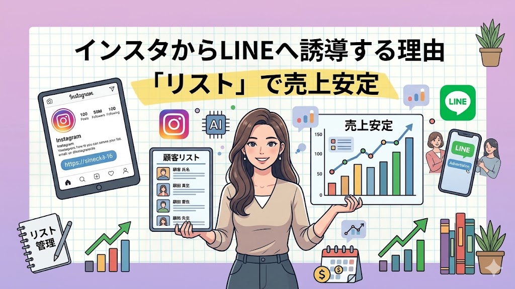 インスタグラムのプロフィール画面が表示されたタブレットと、公式LINEのチャット画面が表示されたスマートフォン、そして「顧客リスト」と書かれたボードを持つ女性のイラスト。周囲には、右肩上がりの売上グラフや「売上安定」の文字、AI、プレゼントボックスなどのアイコンが描かれており、インスタからLINEへの誘導が売上安定につながることを視覚的に表現している。背景は薄いピンクとパープルのグリッド模様。
