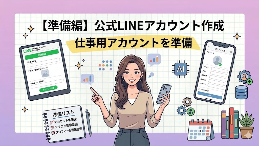 中央で微笑む女性が、左手で公式LINEのアカウント作成画面が表示されたタブレットを指さし、右手でスマートフォンを持っているイラスト。周囲には、チェックリスト、歯車、データベース、カレンダー、本、観葉植物などのアイコンが配置され、公式LINEの仕事用アカウント作成に向けた準備と設定のプロセスを表現している。背景はグリッド模様。