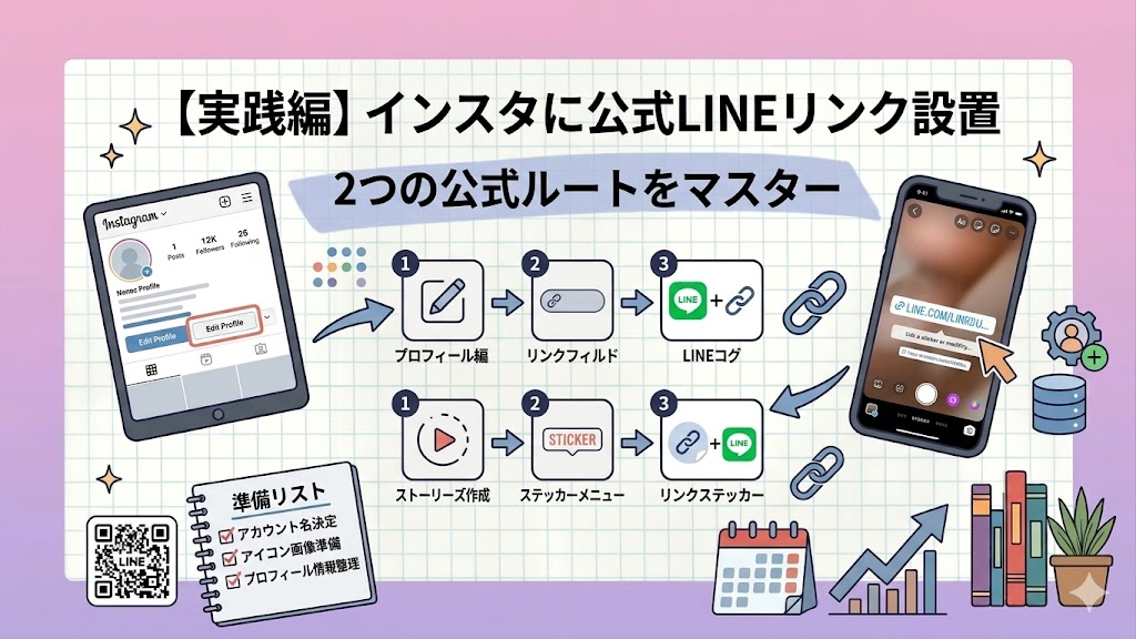 インスタグラムのプロフィール編集画面が表示されたタブレットと、ストーリーズ作成画面が表示されたスマートフォンが左右に配置されている。中央には、それぞれの画面から公式LINEのリンク（LINEリンク）を設置するまでの手順が、アイコンと矢印を使った2つのフローチャートで分かりやすく描かれている。背景は薄いピンクとパープルのグリッド模様。