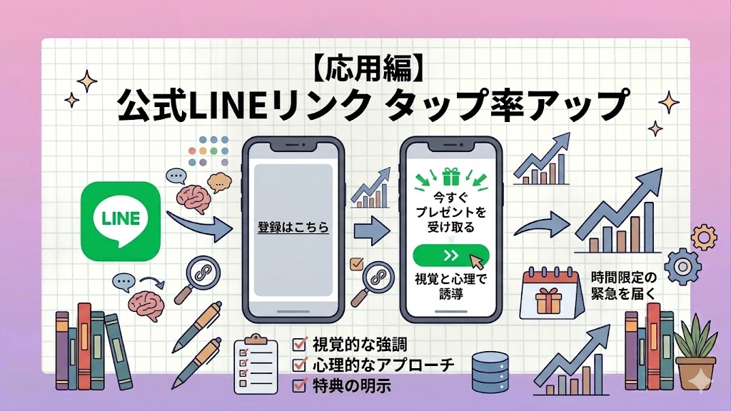 左右に並んだスマートフォンに、異なるリンク誘導の画面が表示されている。左側の画面は単純な文字リンクでタップ率が低い（？マーク）、右側の画面は視覚的に強調されたボタンや心理的なアプローチ（「今すぐプレゼントを受け取る」などの文字）でタップ率が高い（✔マーク）様子を、矢印やグラフを使って比較している。周囲には、脳、虫眼鏡、プレゼント、カレンダー、本などのアイコンが描かれている。背景はグリッド模様。