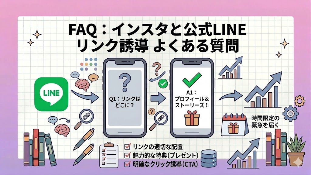左右にスマートフォンが配置されており、左側の画面には「？」マークと「Q1：リンクはどこに？」、右側の画面には「✔」マークと「A1：プロフィール＆ストーリーズ！」という文字とプレゼントのアイコンが表示されている。周囲には、LINEのロゴ、脳、虫眼鏡、グラフ、カレンダー、本、観葉植物などのアイコンが描かれており、よくある質問とその回答を視覚的に表現している。背景はグリッド模様。