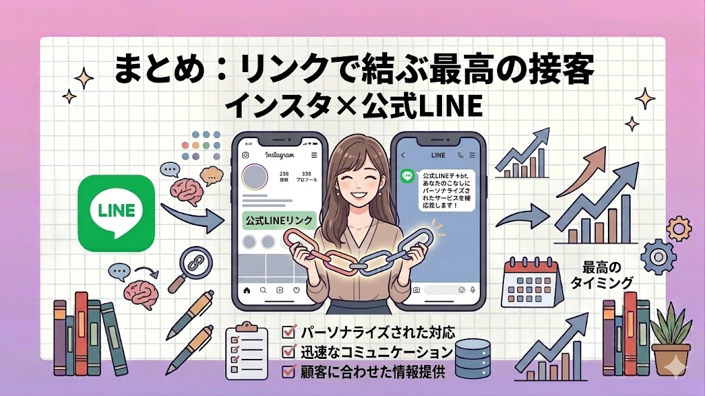 中央の女性が、左側のインスタグラム画面（プロフィールに「公式LINEリンク」と書かれている）と右側のLINEチャット画面（自動応答メッセージが表示されている）を、光るチェーン（鎖）のイラストで結んでいる。周囲には、LINEのロゴ、チェックリスト、グラフ、データベース、カレンダー、本、観葉植物などのアイコンが描かれており、インスタとLINEの連携による「最高の接客」の実現を表現している。背景はグリッド模様。